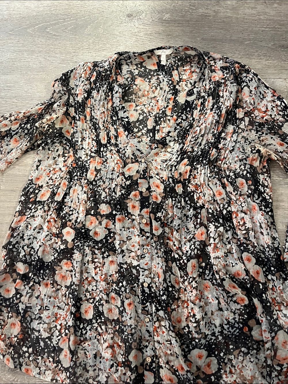 Joie Black and Cream Floral Button-Front Blouse with Coral Accents Size S sheer
